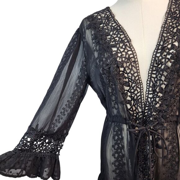 NEW POL Small Black Sheer Lace Lingerie Cover-Up / Robe / Wrap Tassel Embroidery - Picture 8 of 16